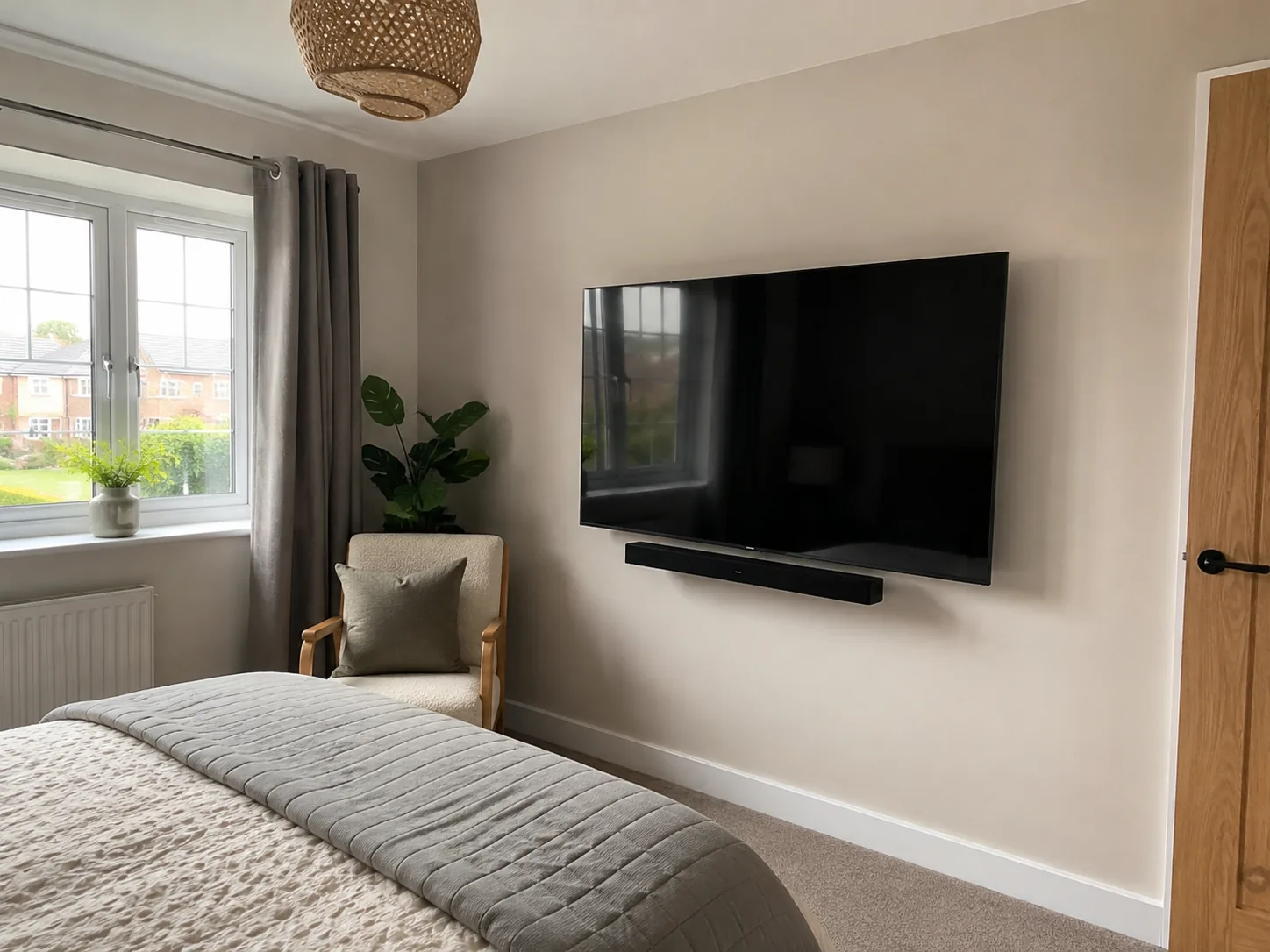 Wall mounted television in a bedroom