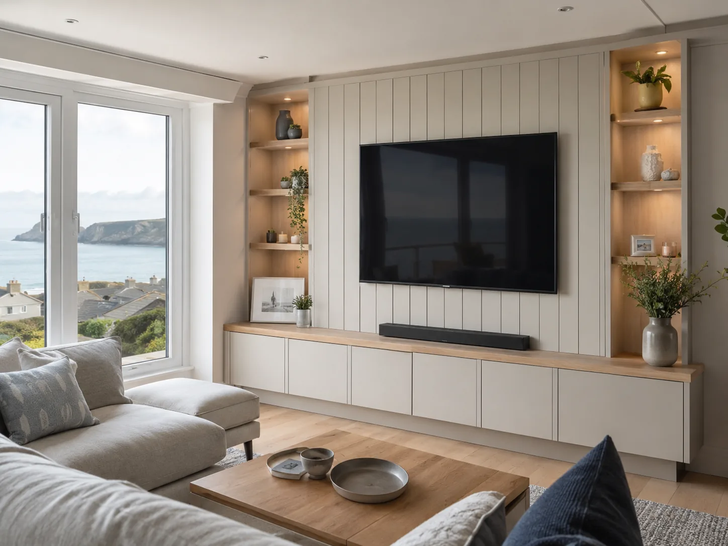Large wall mounted television in a modern living room