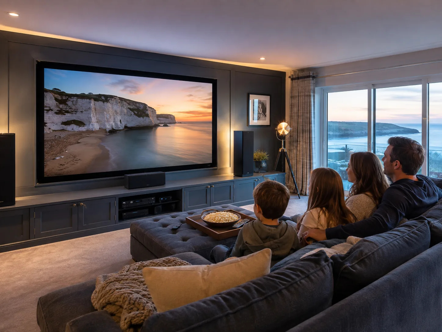 Family enjoying a professionally installed home cinema system