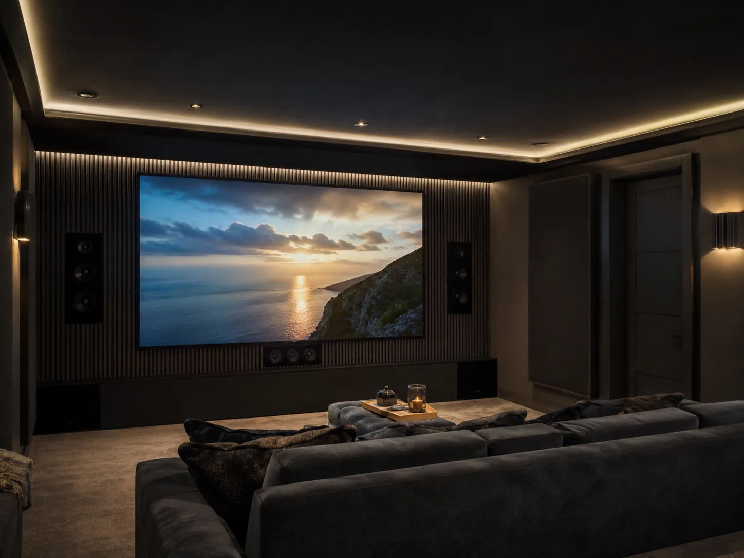 Dedicated home cinema room with large screen and surround speakers