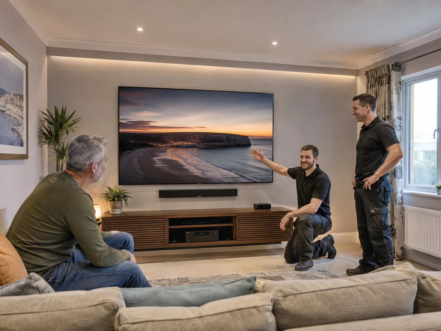 TV installers discussing a completed wall-mounted television with a customer
