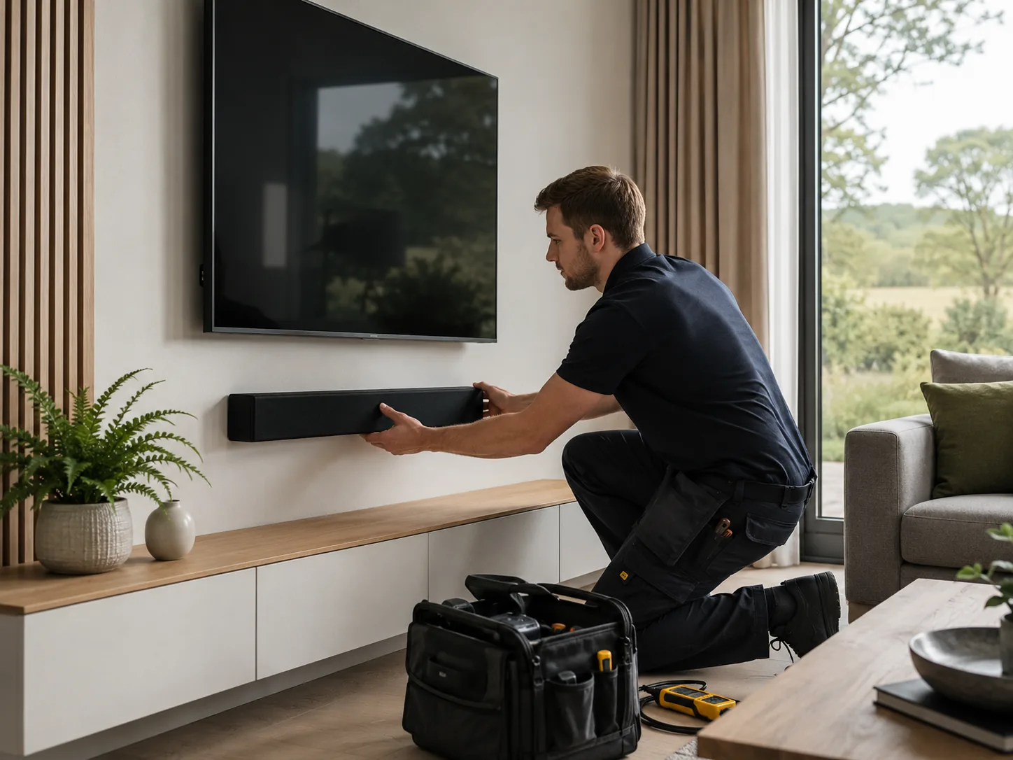 Installer fitting a soundbar below a wall mounted television