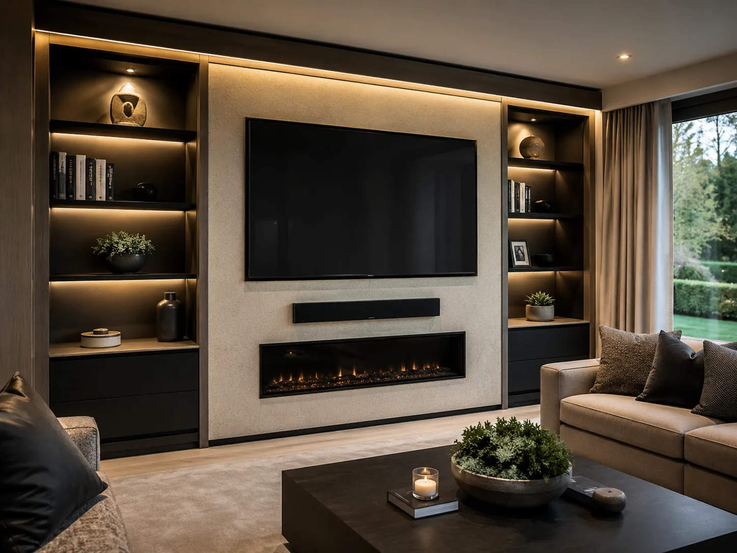 Premium media wall with television, soundbar and integrated storage