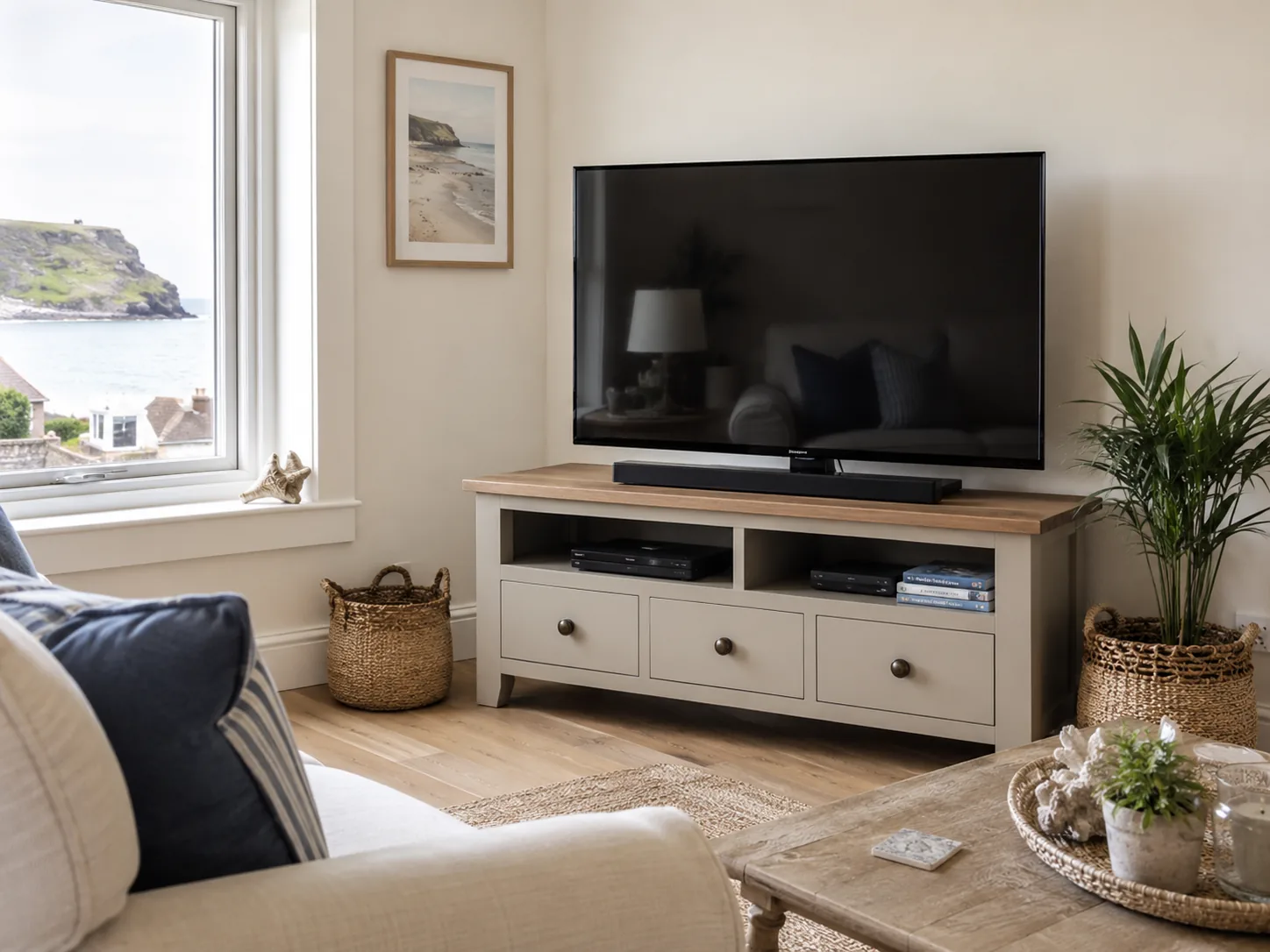 Television installed on a media unit in a bright living room